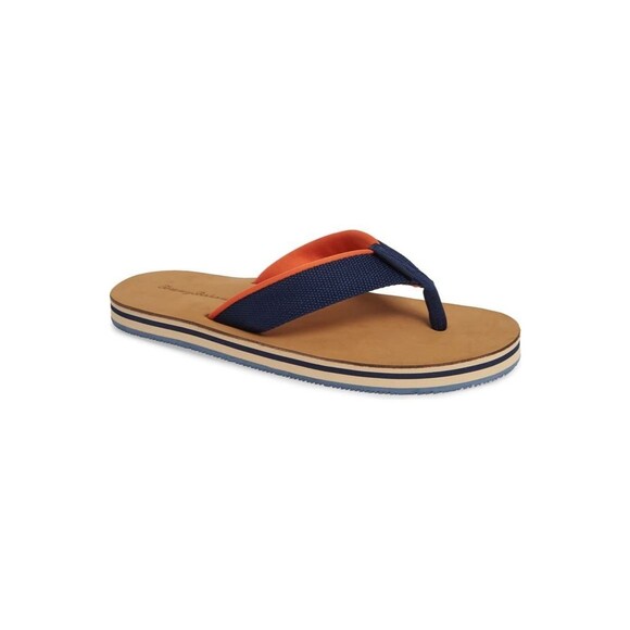 TOMMY BAHAMA KEHNAN MEN'S SIZE 9 NAVY/ORANGE CANVAS FLIP FLOPS - Picture 1 of 10